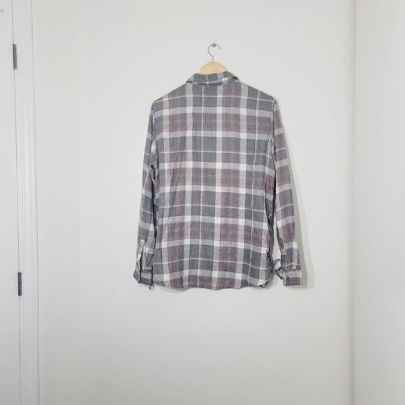 Garage Plaid Long Sleeve Button Front Collared Lace Up Side Shirt Gray White - Picture 7 of 10